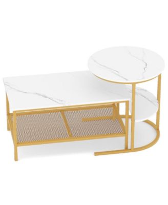 2-Tier Rectangle Coffee Table and Side End Table Set with Storage Shelves Faux Marble Top