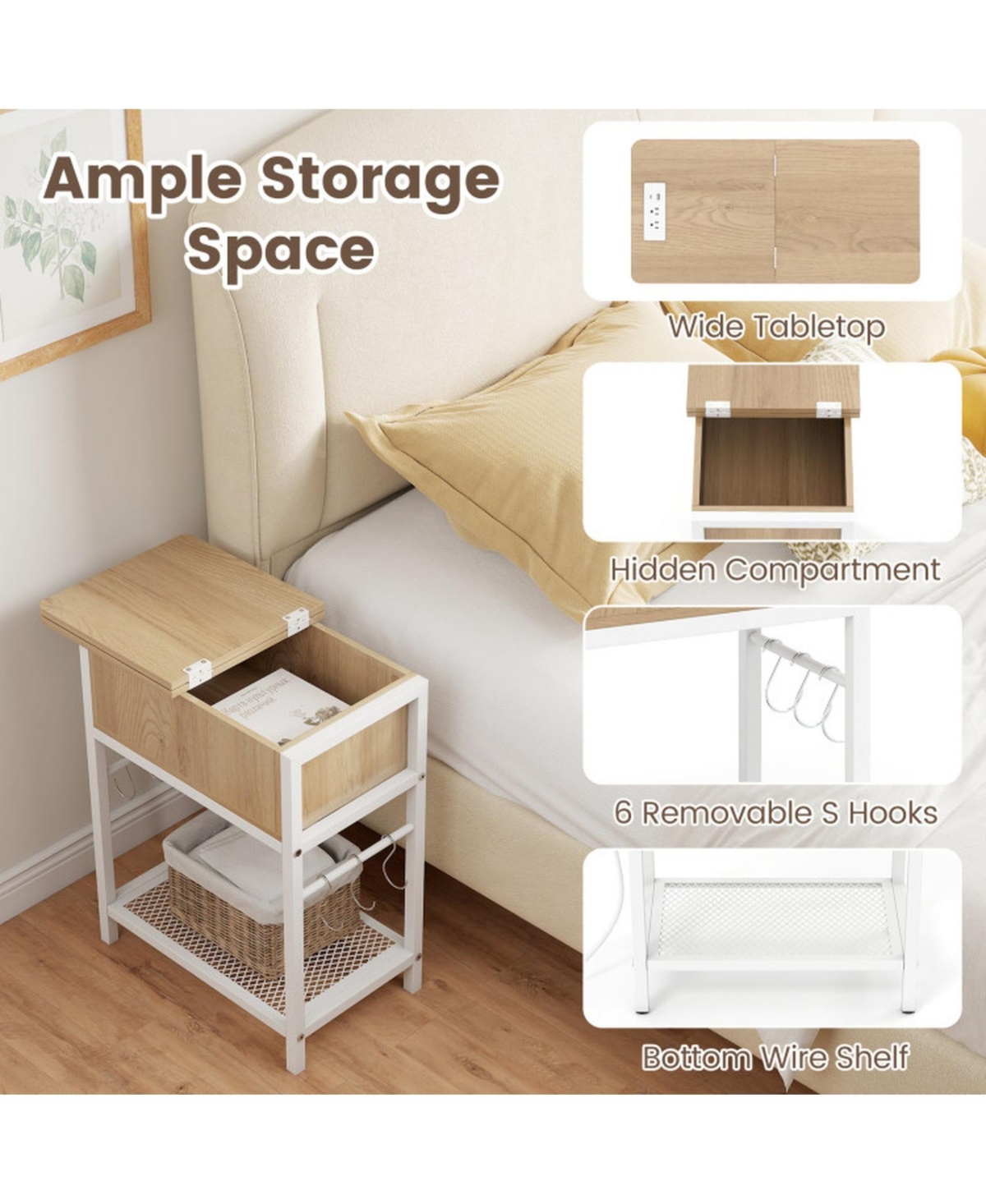 Sugift Set of 2 End Tables with Charging Station and Hidden Compartment