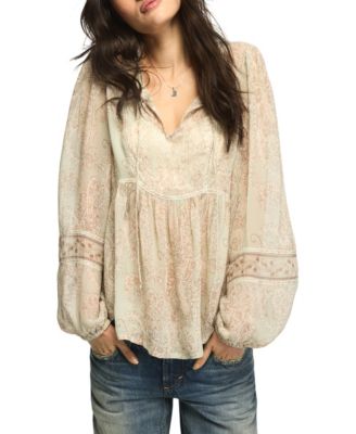 Women's Paisley Print Mix Long-Sleeve Peasant Top