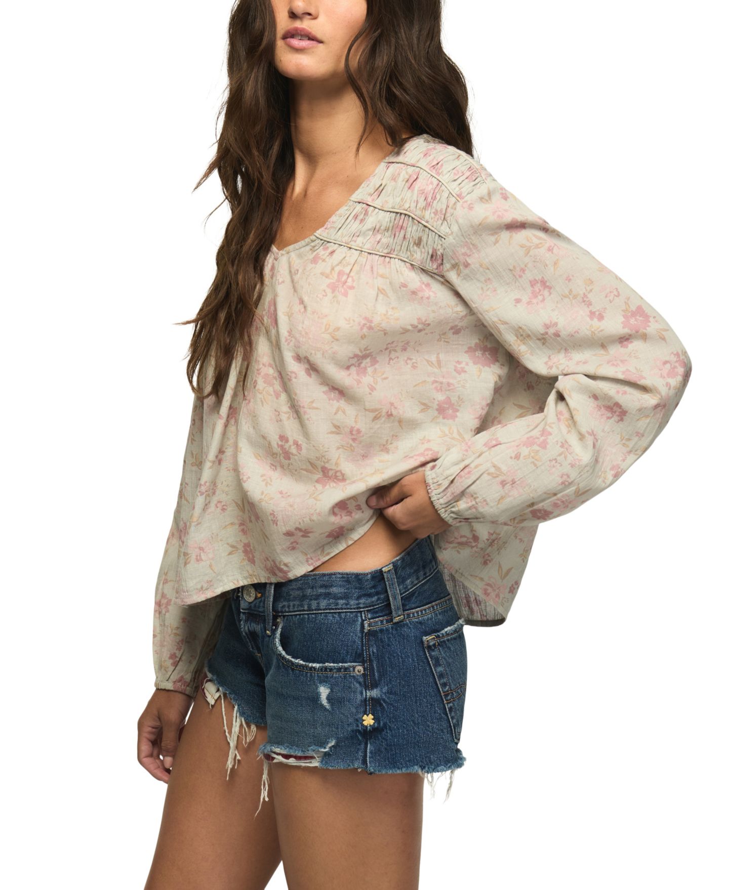 Женская блузка Lucky Brand Ruched Floral-Print Peasant, цвет: Синий с принтом — фото 4