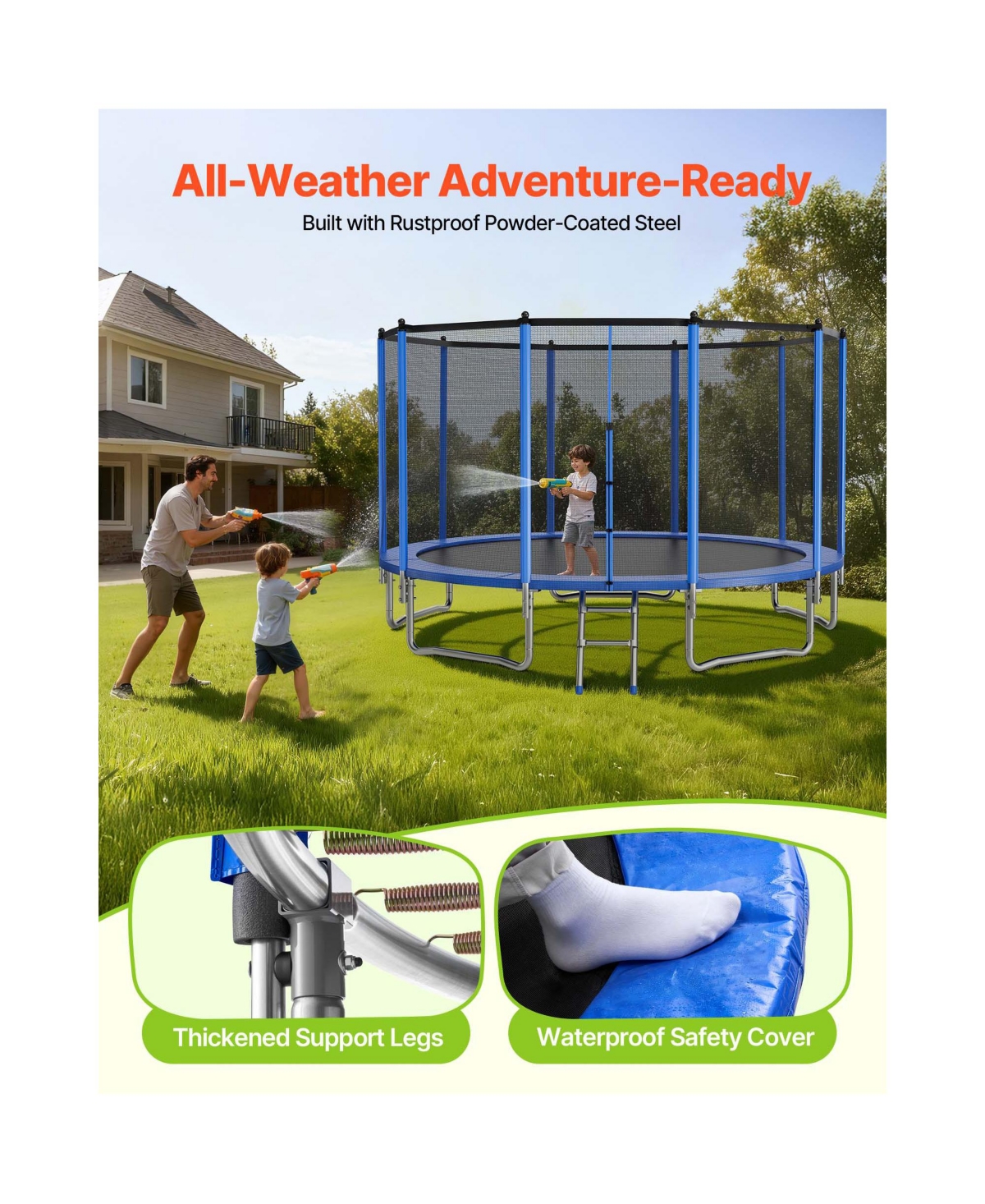 Hongge 15 ft Round Outdoor Trampoline with Zippered Enclosure Net