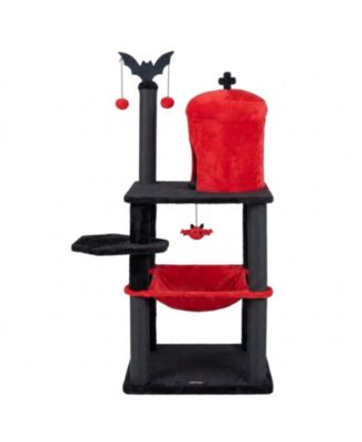 60in Gothic Cat Tower with Plush Perch and Spider Hanging Toys for Halloween