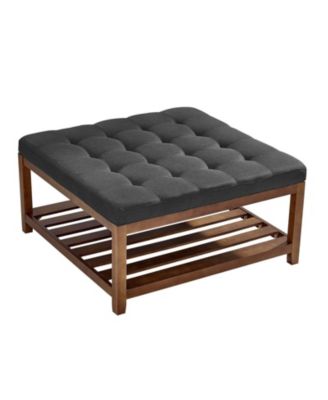 Square Linen Upholstered Ottoman Coffee Table with Open Wood Shelf for Living Room