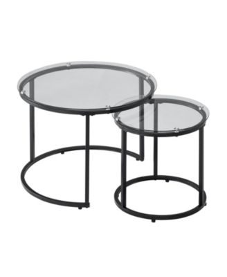 Round Glass Coffee Table Set of 2 with Steel Frame, Nesting Accent Tables for Bedroom