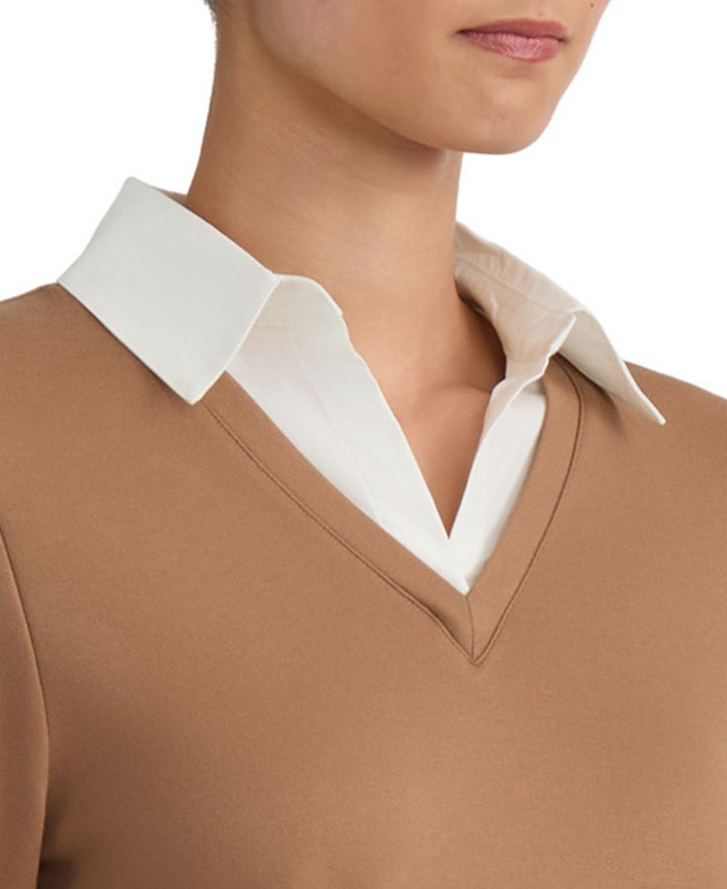 Женский свитер Jones New York Collared Long-Sleeve Poplin Combo Trim, цвет: Карамельный / Натуральный белый — фото 3