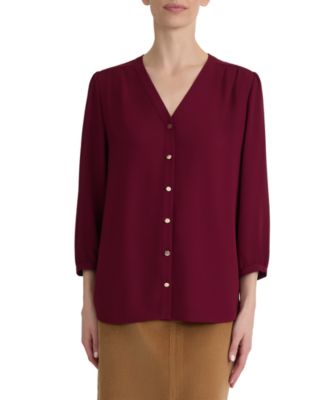 Women's 3/4-Sleeve V-Neck Button-Up Blouse