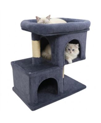 Modern Space-Saving Cat Tower with Upholstered Perch and 2 Cat Condos
