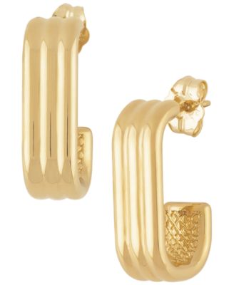 Sculptured Triple Tube Rectangle J Hoop Earrings in 14k Yellow Gold