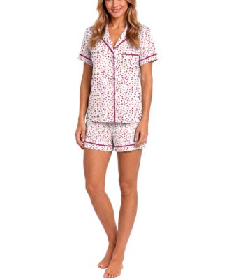 Women's Polka-Dot Short-Sleeve Notch-Collar Top and Shorts, 2-Piece Pajama Set