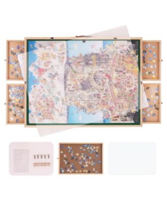 1500-Piece Wooden Puzzle Table with Folding Legs, 4 Drawers and Cover
