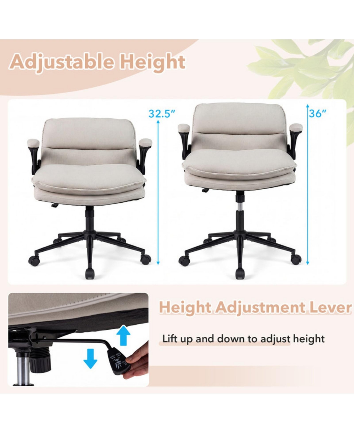 Sugift Criss Cross Chair on Wheels with Flip-up Arms and Adjustable Height