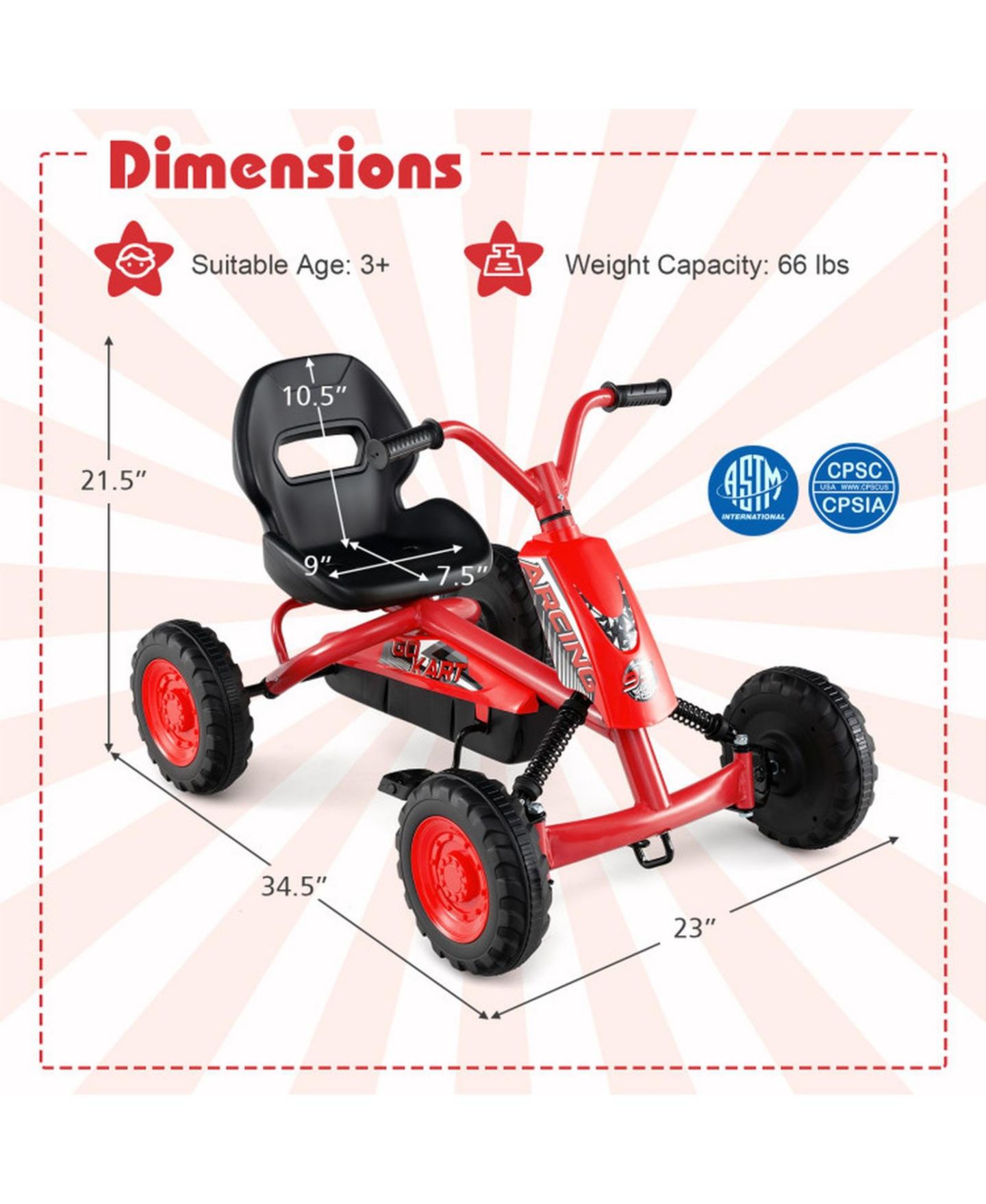 Детская игрушка SUGIFT Kids 4-Wheel Go Kart with Adjustable Seat and Steering Handlebars, Supports up to 66 lbs, Ages 3+, цвет: Красный — фото 3