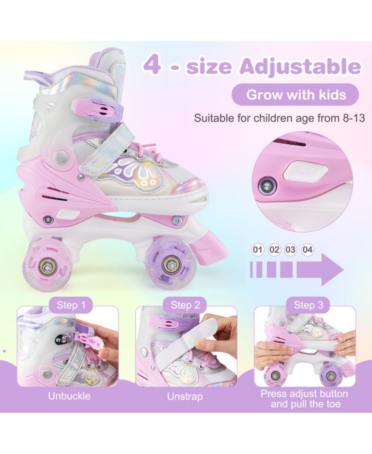 Детские игрушки HONGGE Adjustable Quad Roller Skates, Sizes 5.5-8, Light-Up Wheels, Ages 8-13, цвет: Розовый — фото 7