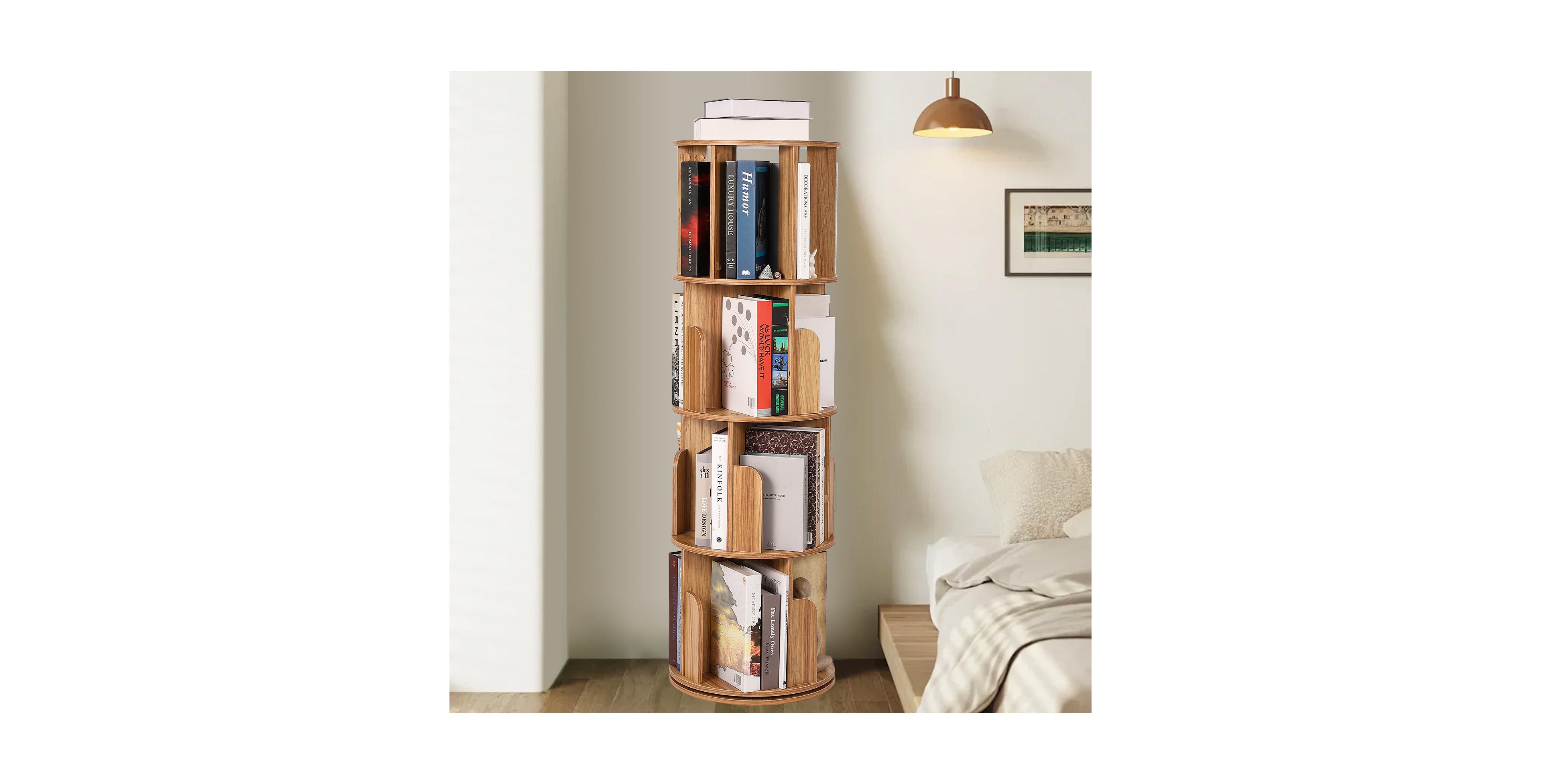 homfan 52" 4-Tier 360degree(s) Rotating Wood Corner Bookshelf, Space-Saving Spinning Bookcase for Bedroom, Living Room and Kids