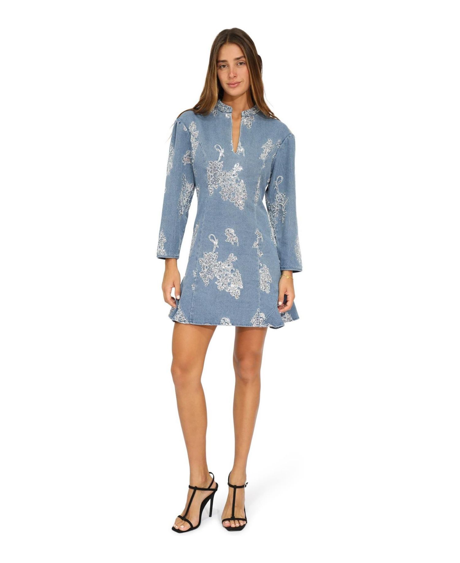 Women's Heart You Long-Sleeve Beaded Floral-Print Mini Dress