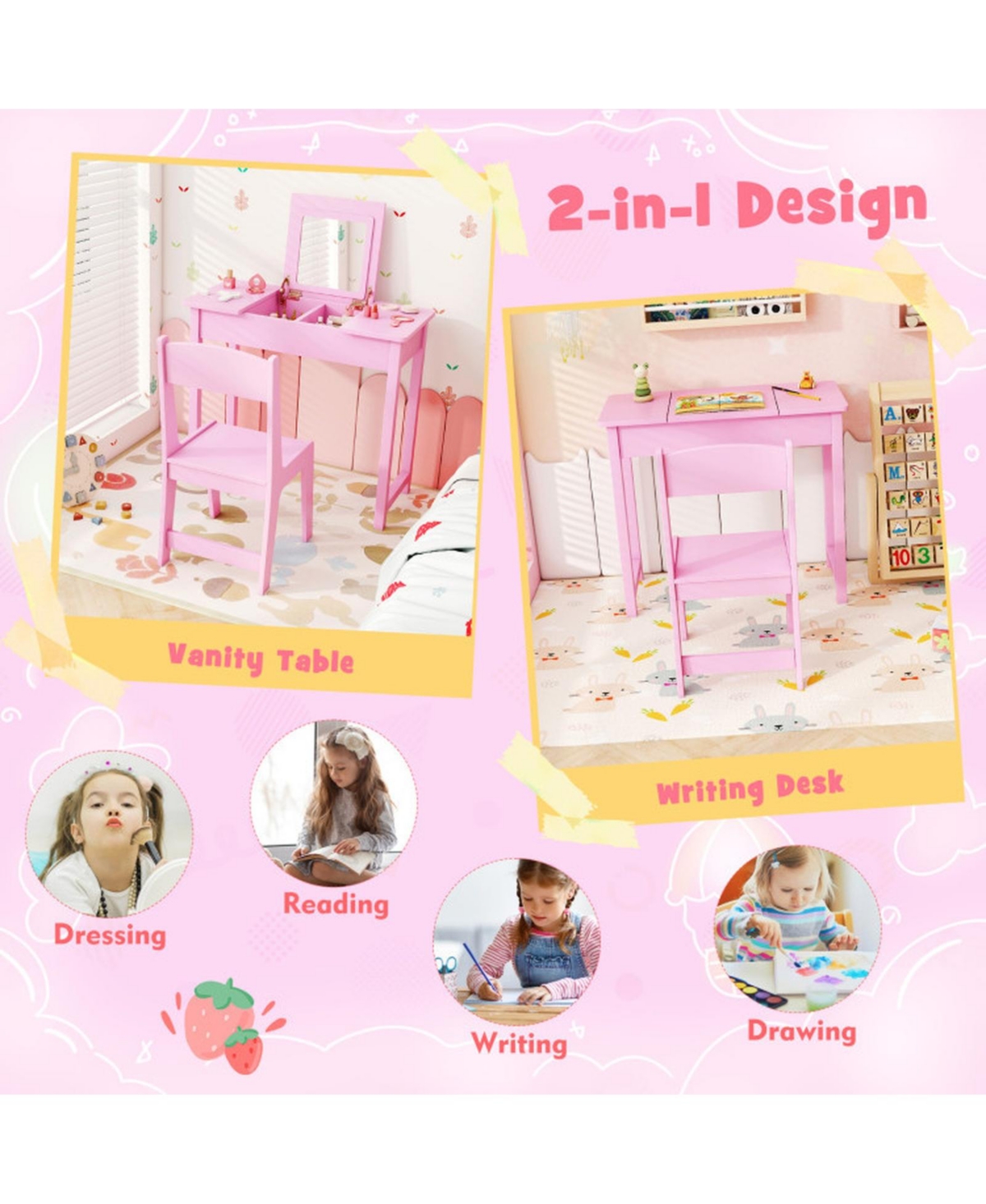 Sugift 2-in-1 Kids Vanity Table and Chair Set with Flip Top Mirror