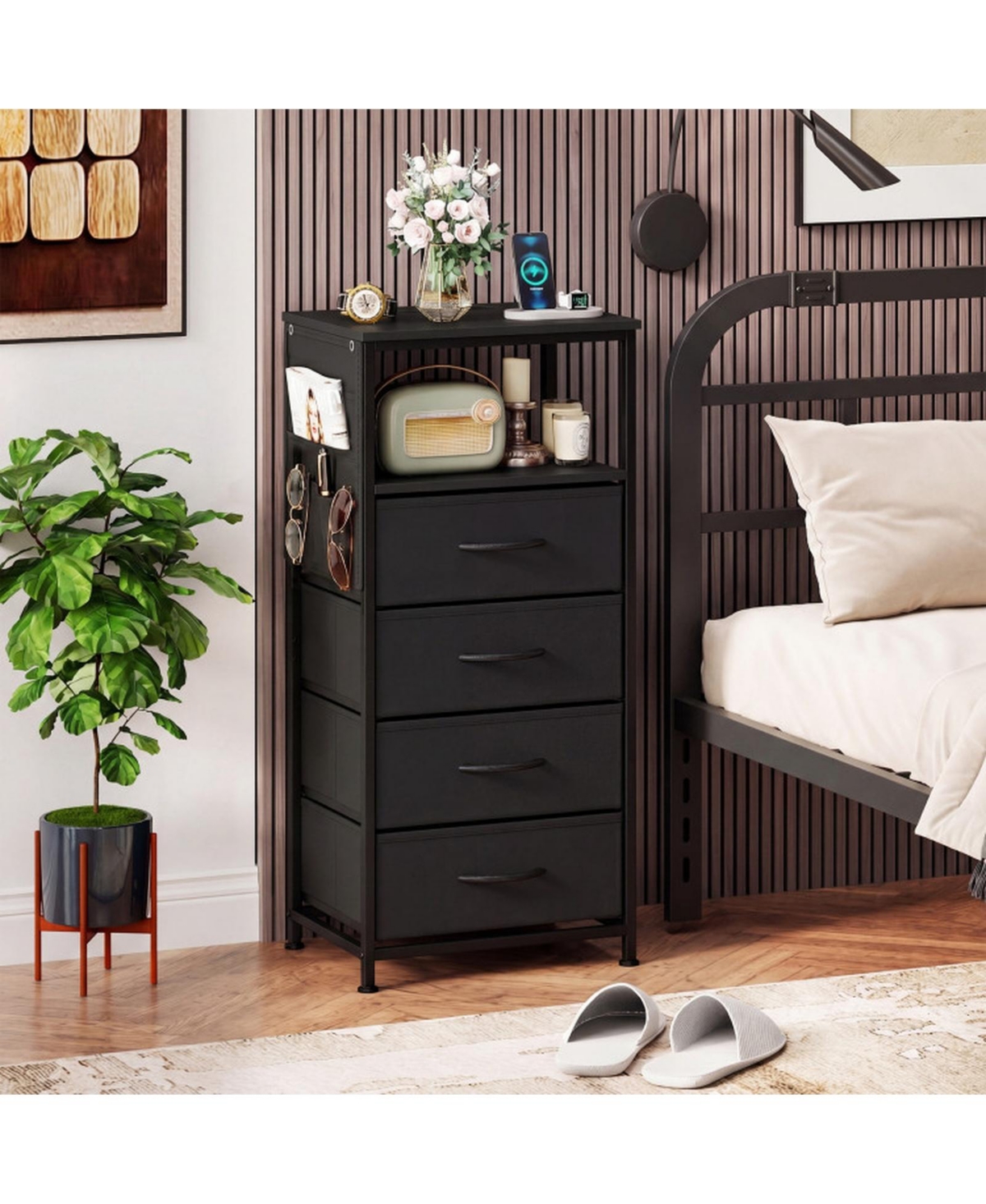 Sugift 34in Modern Nightstand with Charging Station 4 Drawer Bedside Table