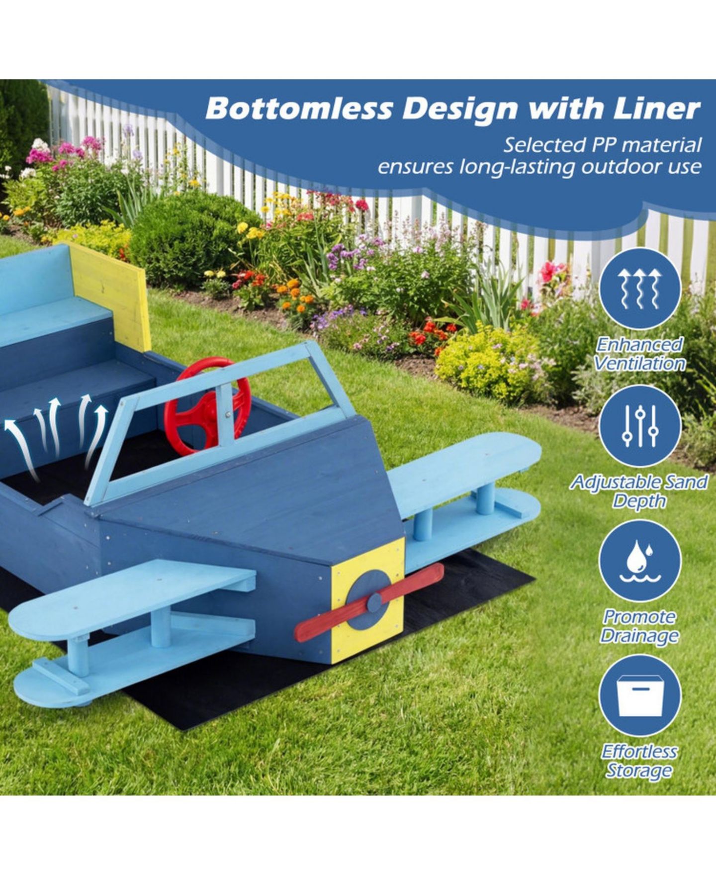 Детская игрушка SUGIFT Large Glider-Inspired Wooden Sandbox with Bench Seat, Ages 3-8, цвет: Синий — фото 7