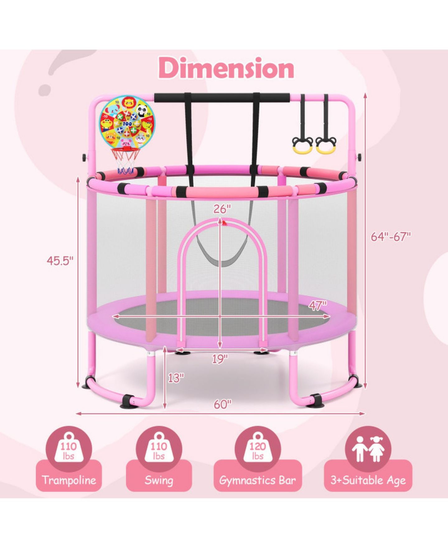Детская игрушка HONGGE 60-Inch 6-in-1 Toddler Trampoline with Gymnastics Bar and Swing, Gymnastics Bar Rated to 120 lbs, Ages 3+, цвет: Фиолетовый — фото 3