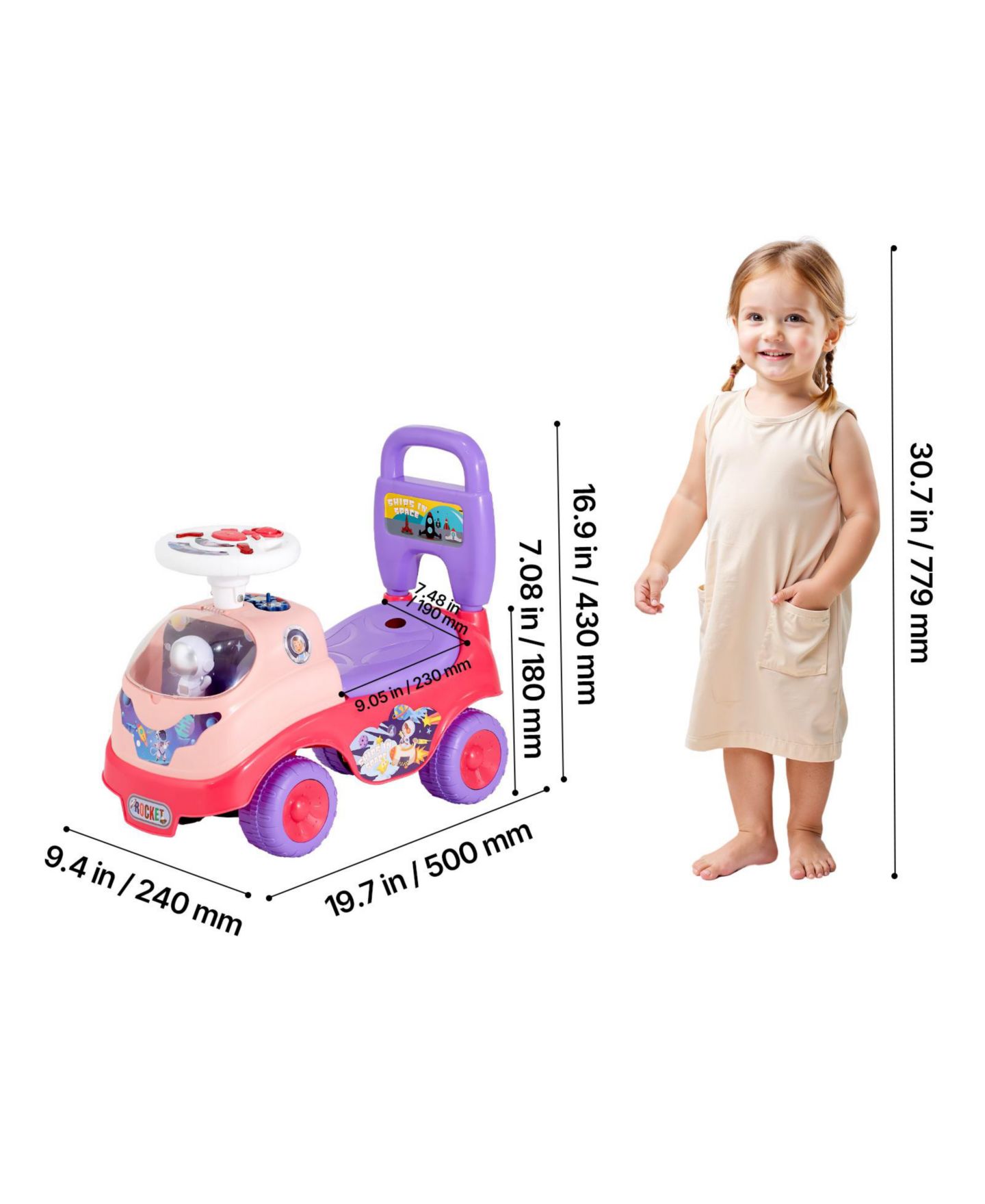 Детская игрушка HONGGE Foot to Floor Ride On Push Car with Interactive Steering Wheel, 48.5 lb Capacity, Ages 19-36 Months, цвет: Розовый разноцветный — фото 8