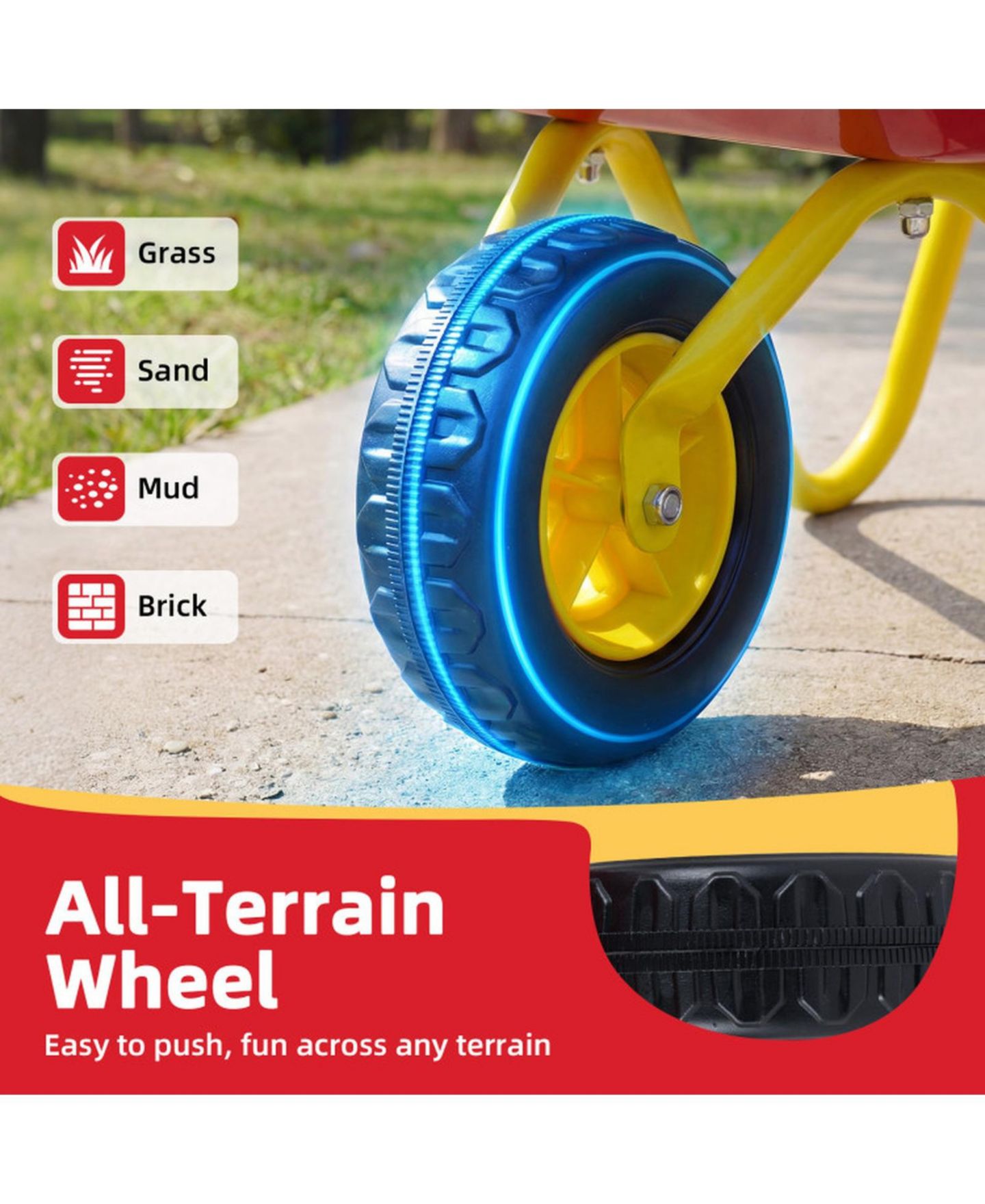 Детская игрушка HONGGE Kids Metal Wheelbarrow with All-Terrain Wheels and Anti-Slip Handles, Ages 3+, цвет: Красный — фото 4