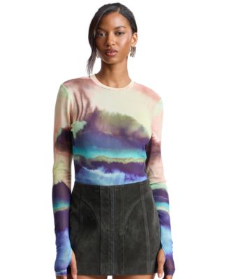 Women's Printed Long-Sleeve Mesh Top