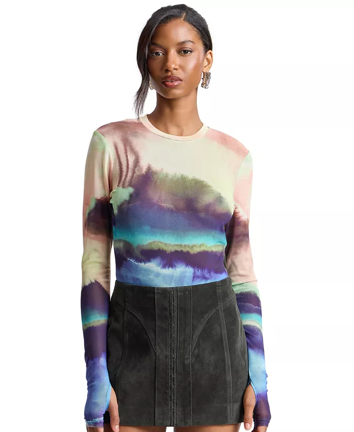 Women's Printed Long-Sleeve Mesh Top