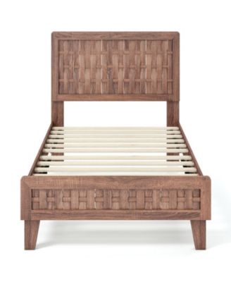 Twin Size Mid-Century Wood Bed Frame with Woven Accent Headboard