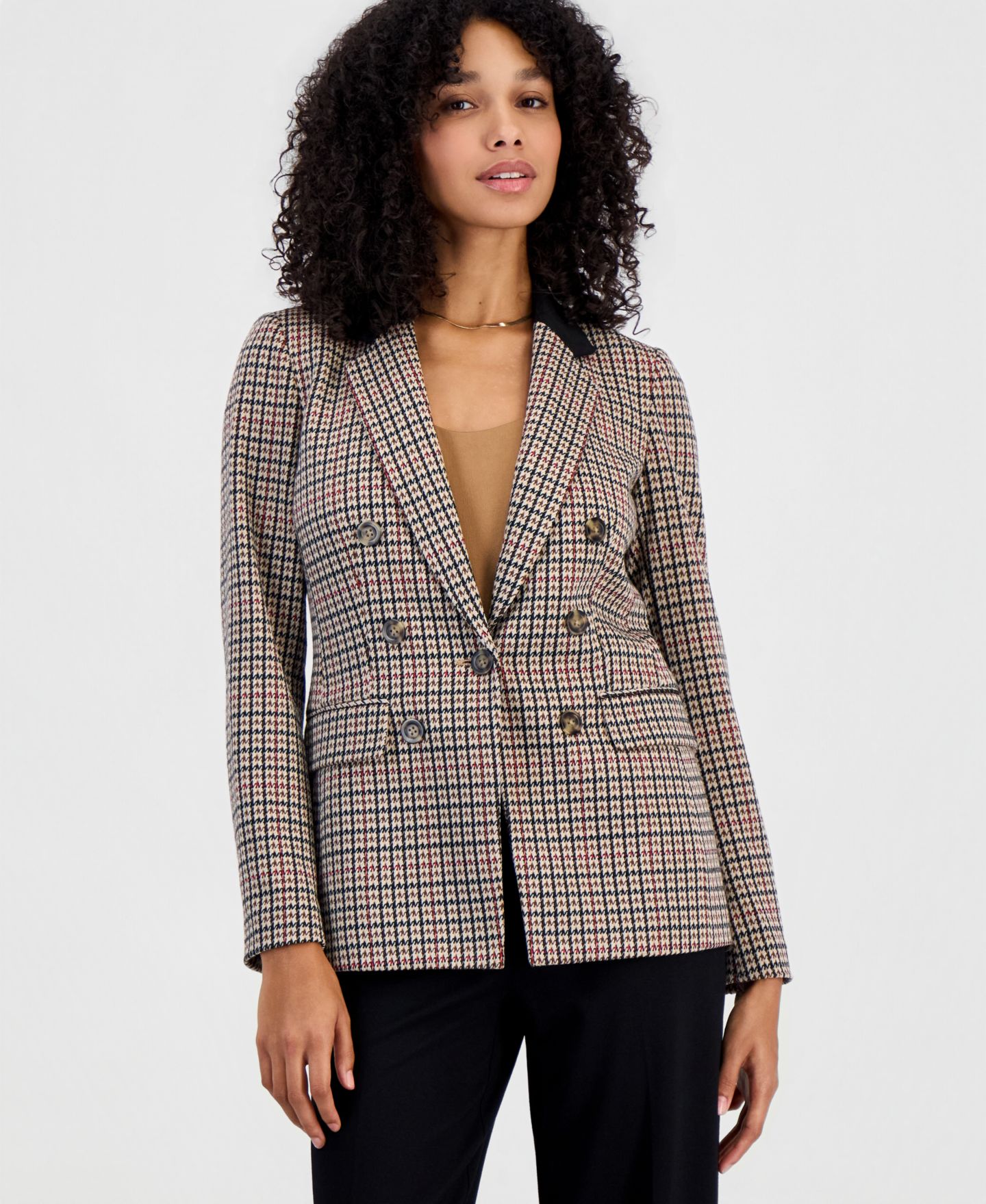 Женский пиджак Bar III Plaid Faux Double-Breasted Notch Collar Blazer, цвет: Чёрный разноцветный — фото 1