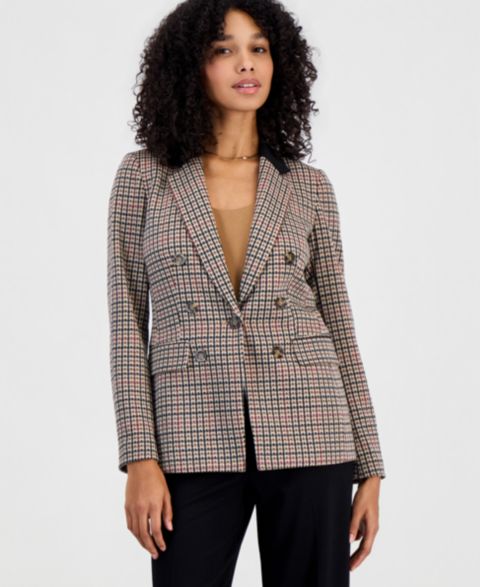 Женский пиджак Bar III Plaid Faux Double-Breasted Notch Collar Blazer, цвет: Чёрный разноцветный