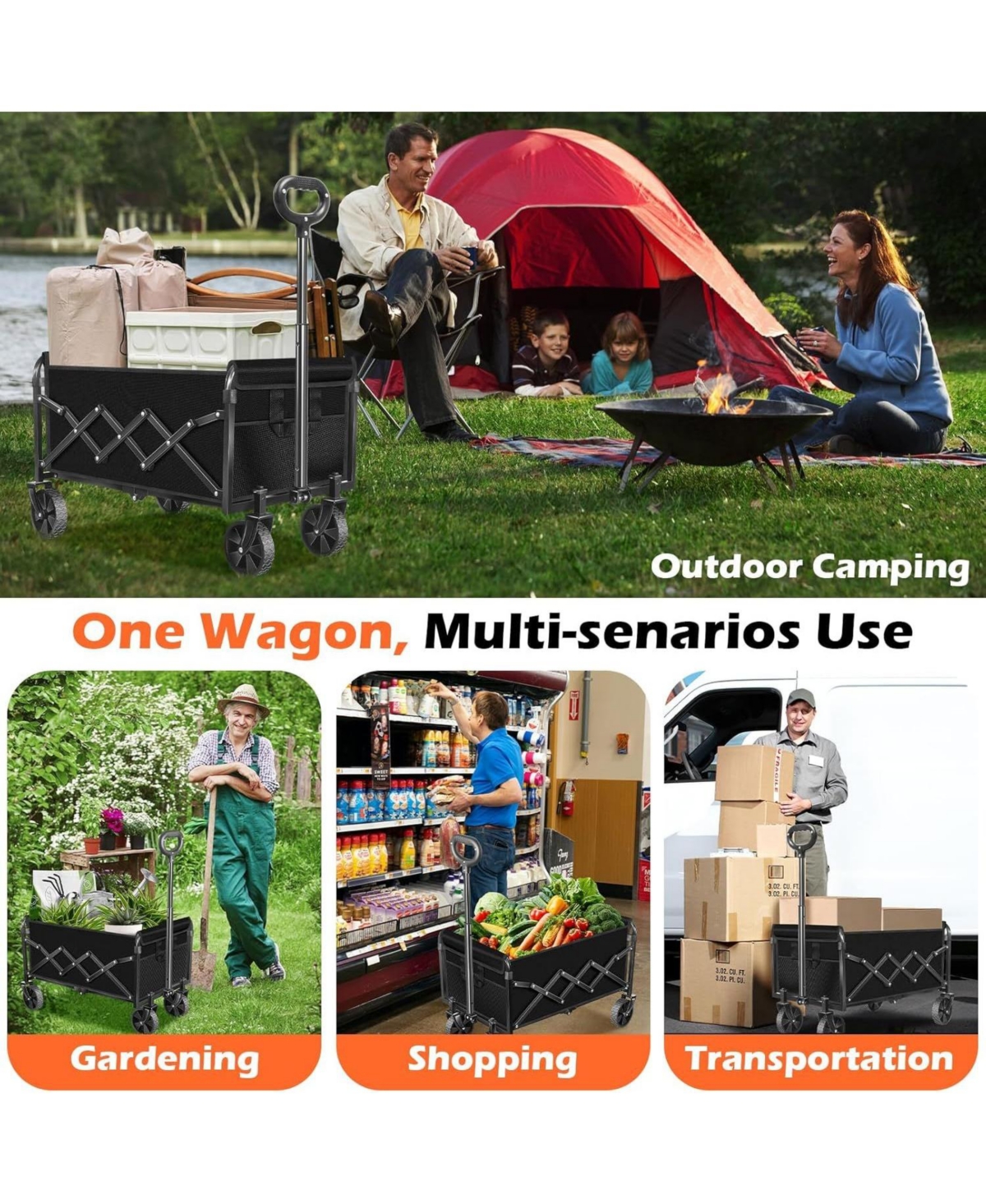 Mountaintop Collapsible Foldable Wagon Cart with All-Terrain Wheels, 360 Lbs Load, 2 Cup Holders, Portable Black Wagon for Beach