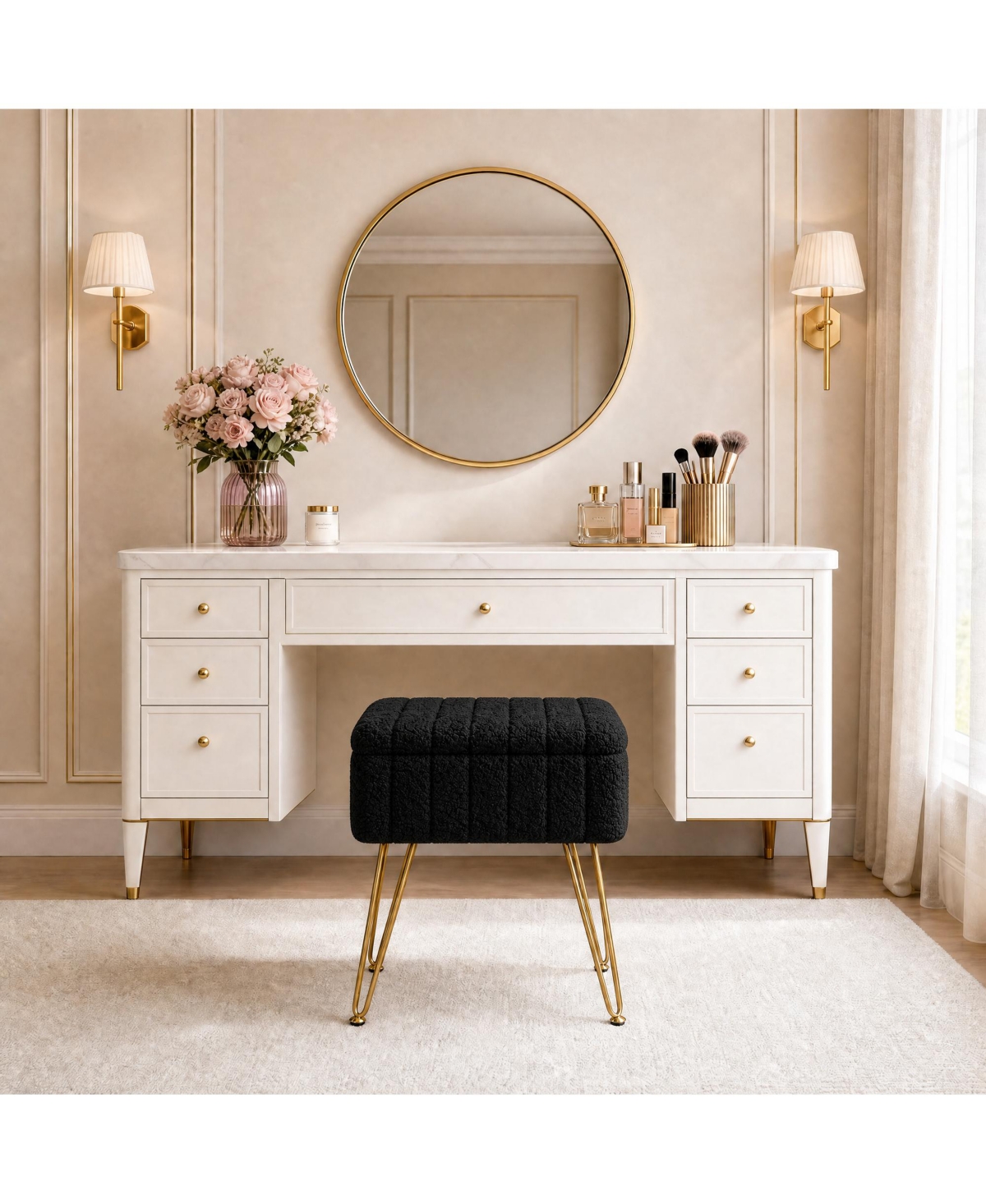 homfan Vanity Stool with Storage – 15.7" Faux Fur Ottoman Metal Legs and Anti-Slip Feet, Soft Padded Seat Foot Rest for Makeup Bedroom