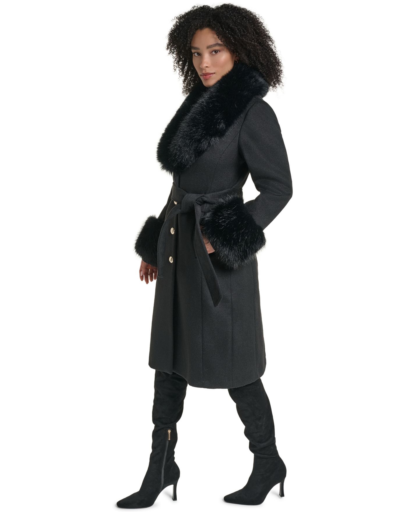 Женское пальто KARL LAGERFELD PARIS Single-Breasted Long Wool-Blend Coat, Created for Macy's, цвет: Чёрный — фото 3