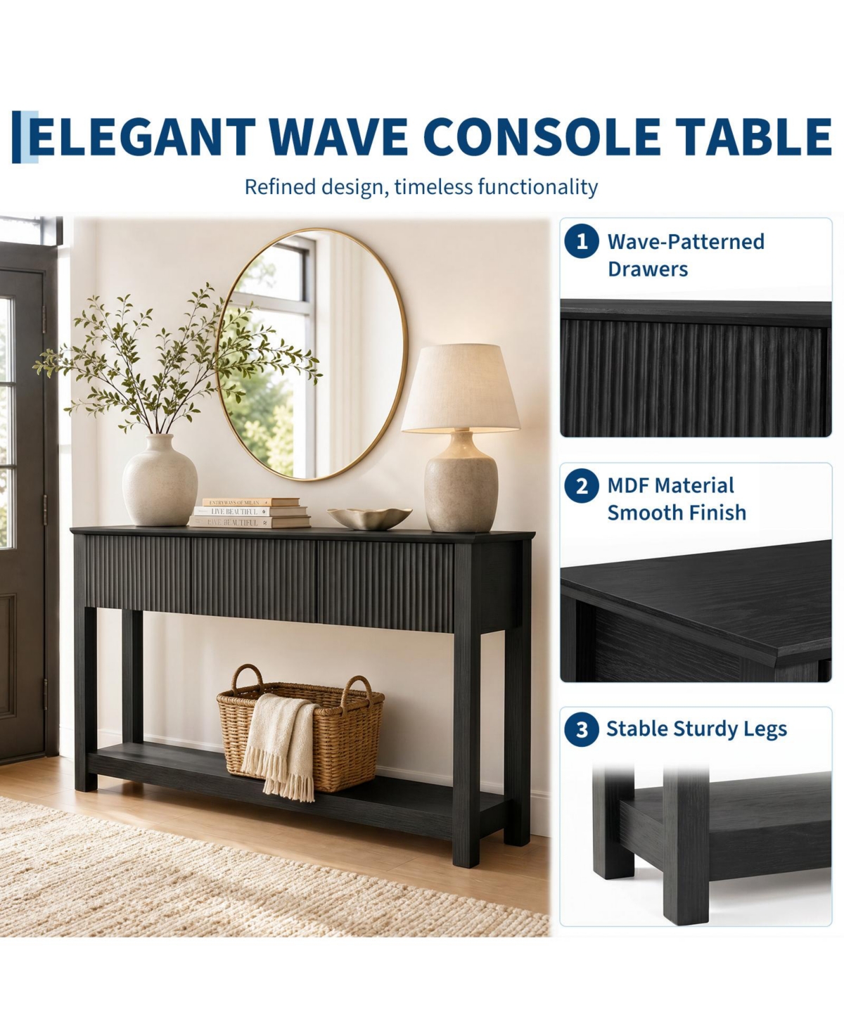 gaomon Fluted Wave Console Table Slim Entryway Sofa with 3 Drawers and Storage Shelf, Modern Narrow Hallway Side Table, for Foyer Living Room
