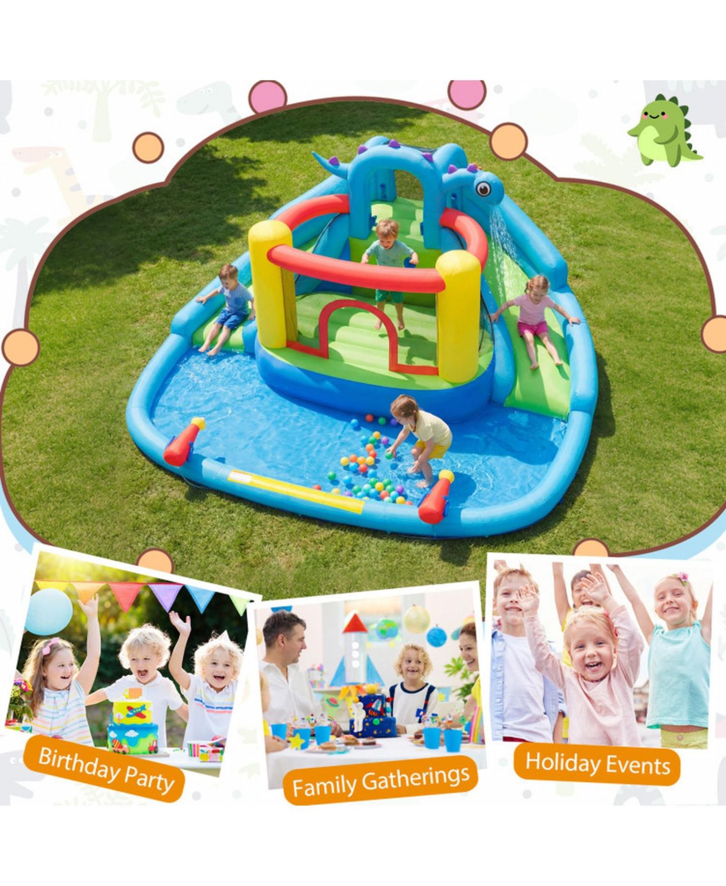 Детские игрушки SUGIFT Dinosaur Inflatable Water Slide Park with Double Slides and 950W Air Blower, цвет: Open Miscellaneous — фото 9