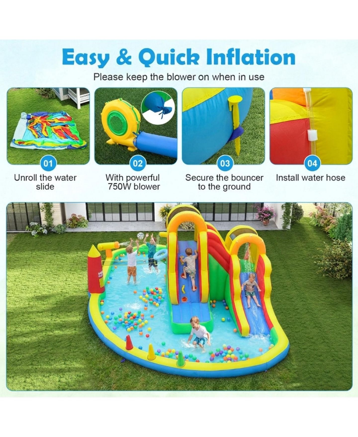 Детские игрушки SUGIFT Inflatable Water Slide Park with 2 Long Slides, 258.5" x 184" x 90.5", 750W Air Blower, Ages 3-12, цвет: Open Miscellaneous — фото 4