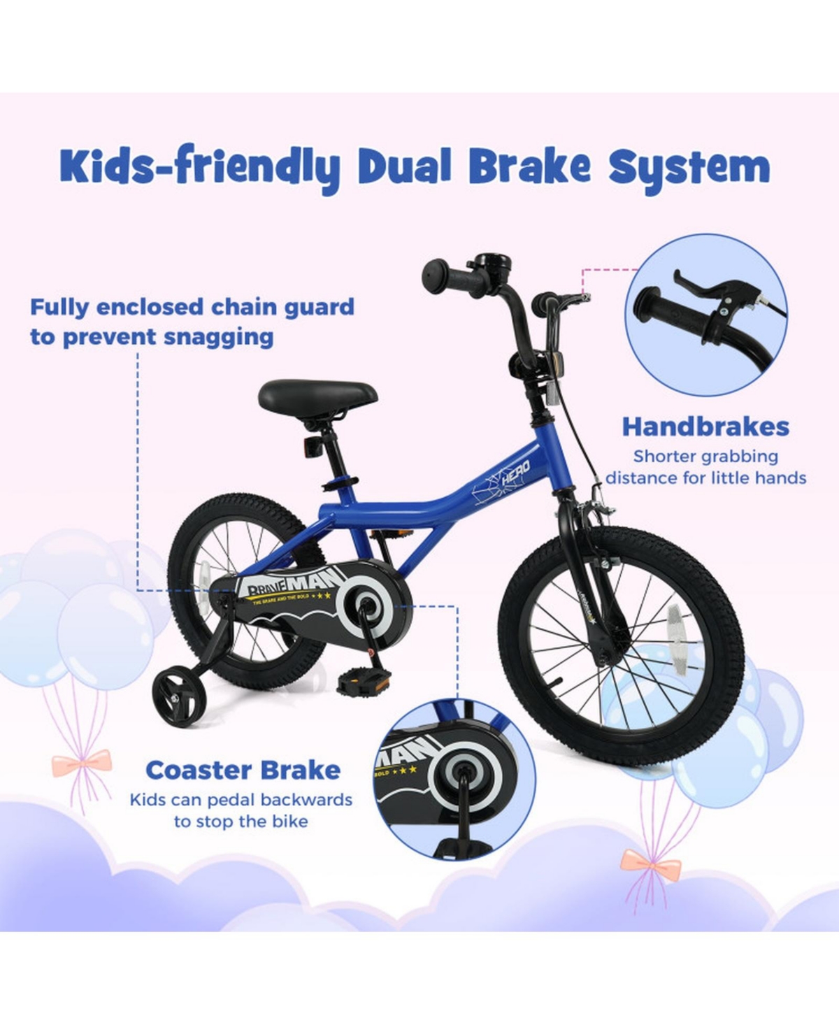 Sugift 16-Inch Kids Bike with Removable Training Wheels and Dual Brake System, Ages 3+