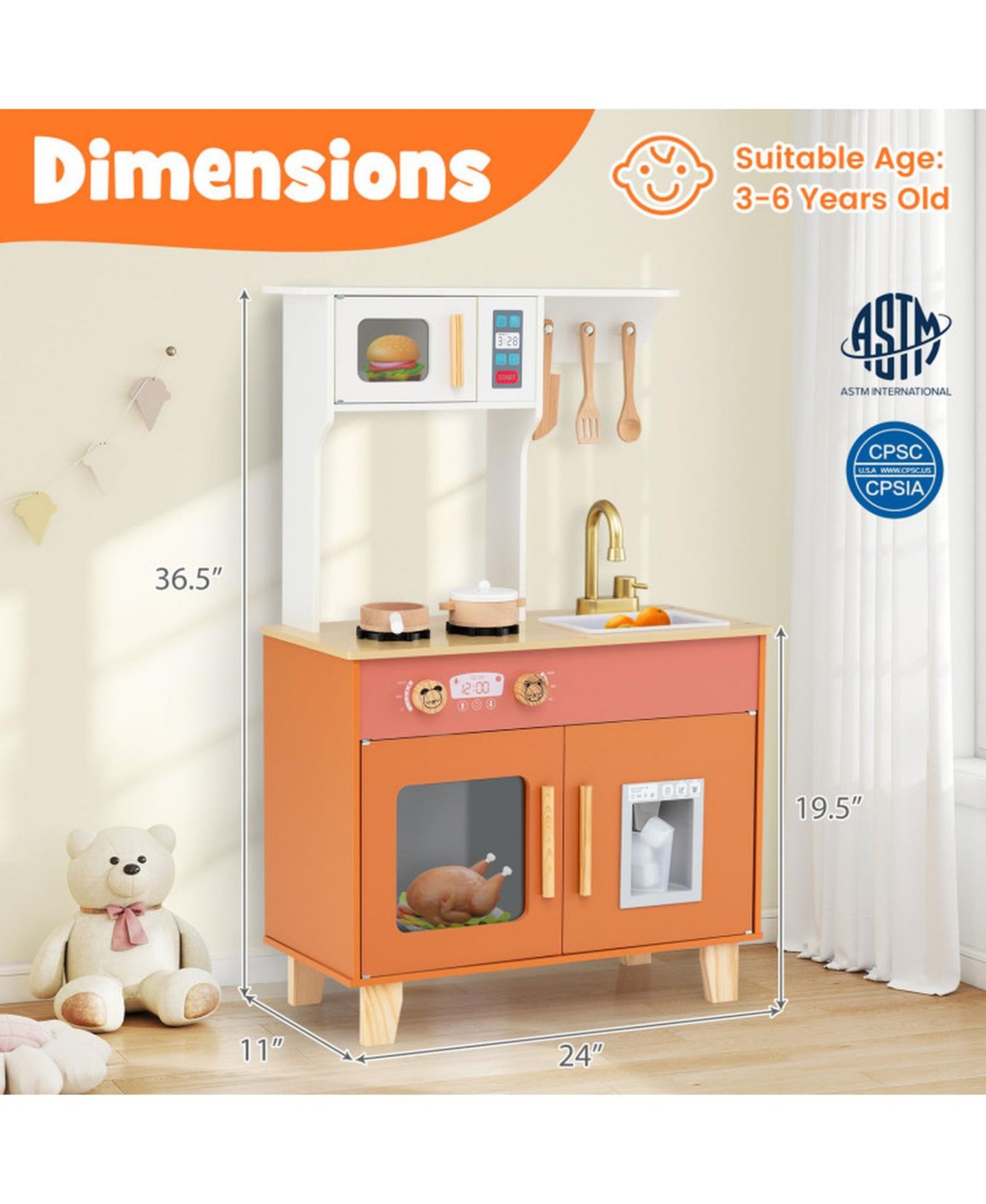 Детская игрушка SUGIFT Kids Play Kitchen with Microwave and Rotation Knobs for Girls Boys Aged 3-6, цвет: Оранжевый — фото 4