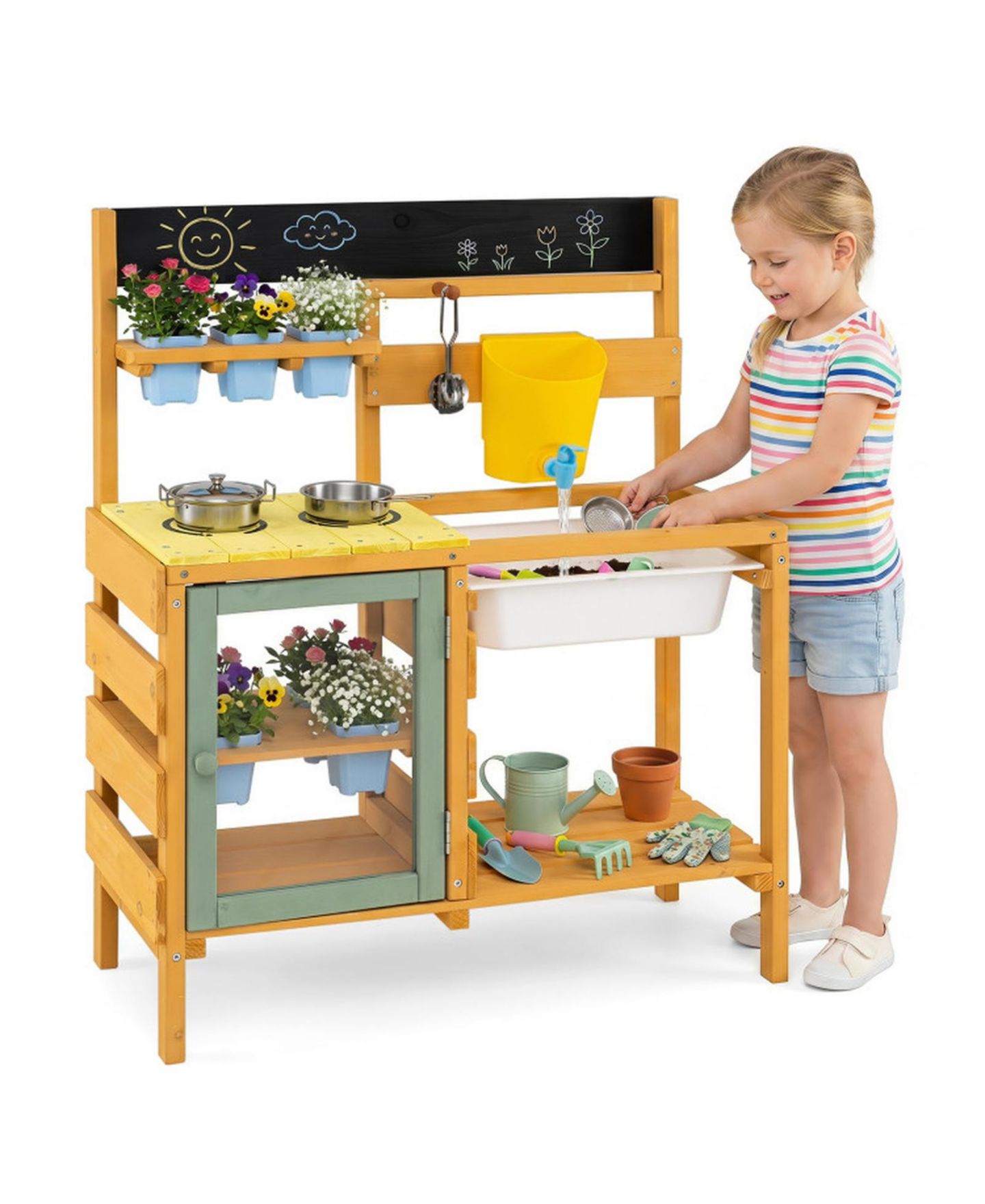 Детские игрушки SUGIFT Wooden 13-Piece Mud Kitchen with Water Tank, Faucet, and 2 Stoves, Ages 3+, цвет: Жёлтый — фото 2