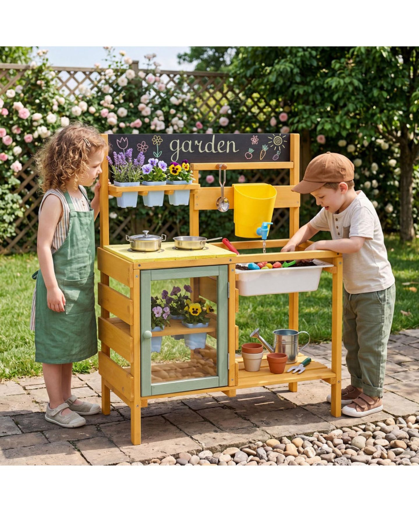 Детские игрушки SUGIFT Wooden 13-Piece Mud Kitchen with Water Tank, Faucet, and 2 Stoves, Ages 3+, цвет: Жёлтый — фото 10