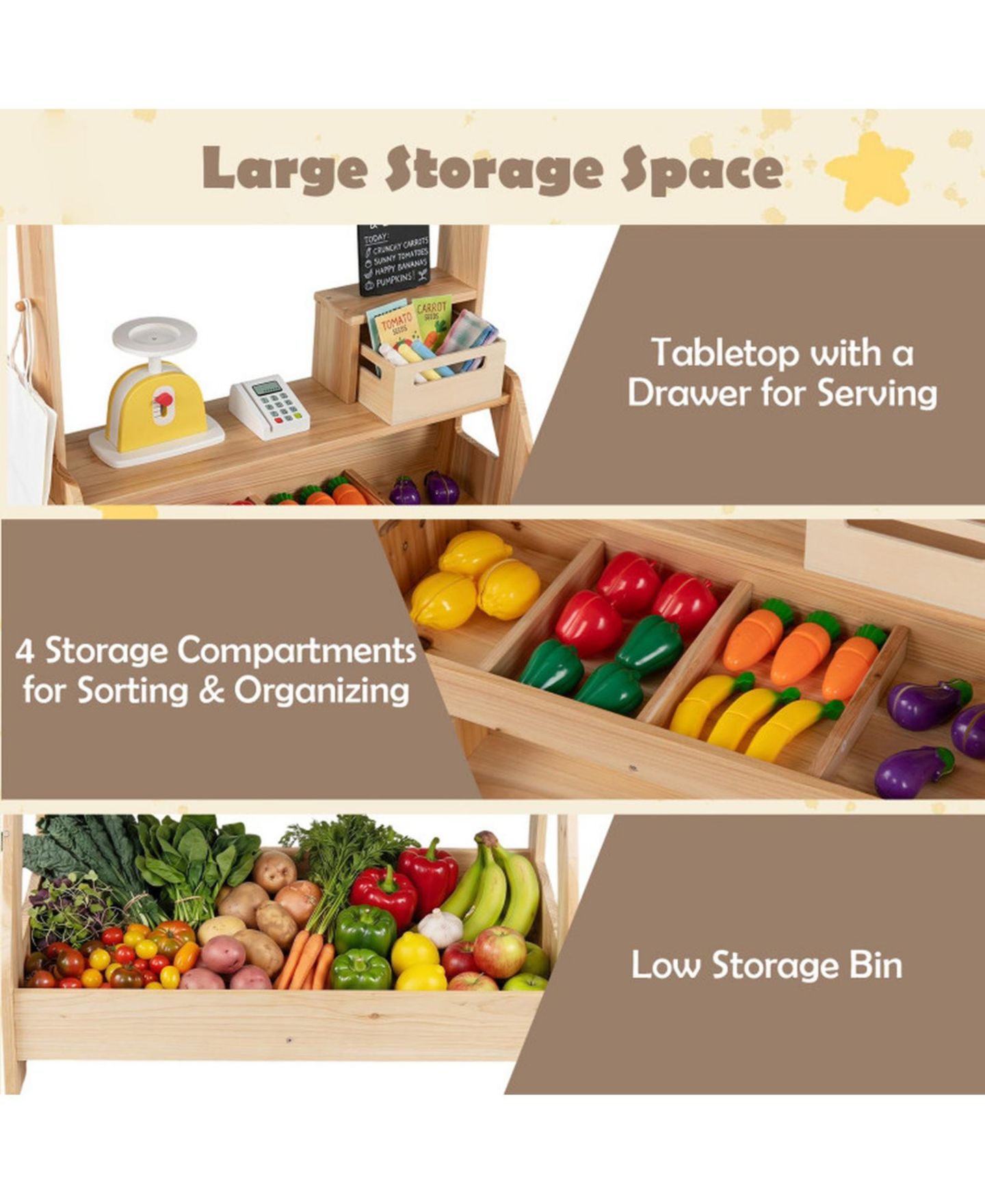 Детский игровой набор SUGIFT 2-in-1 Wooden Mud Kitchen and Market Stand 25-Piece Playset, Ages 3+, цвет: Натуральный — фото 9