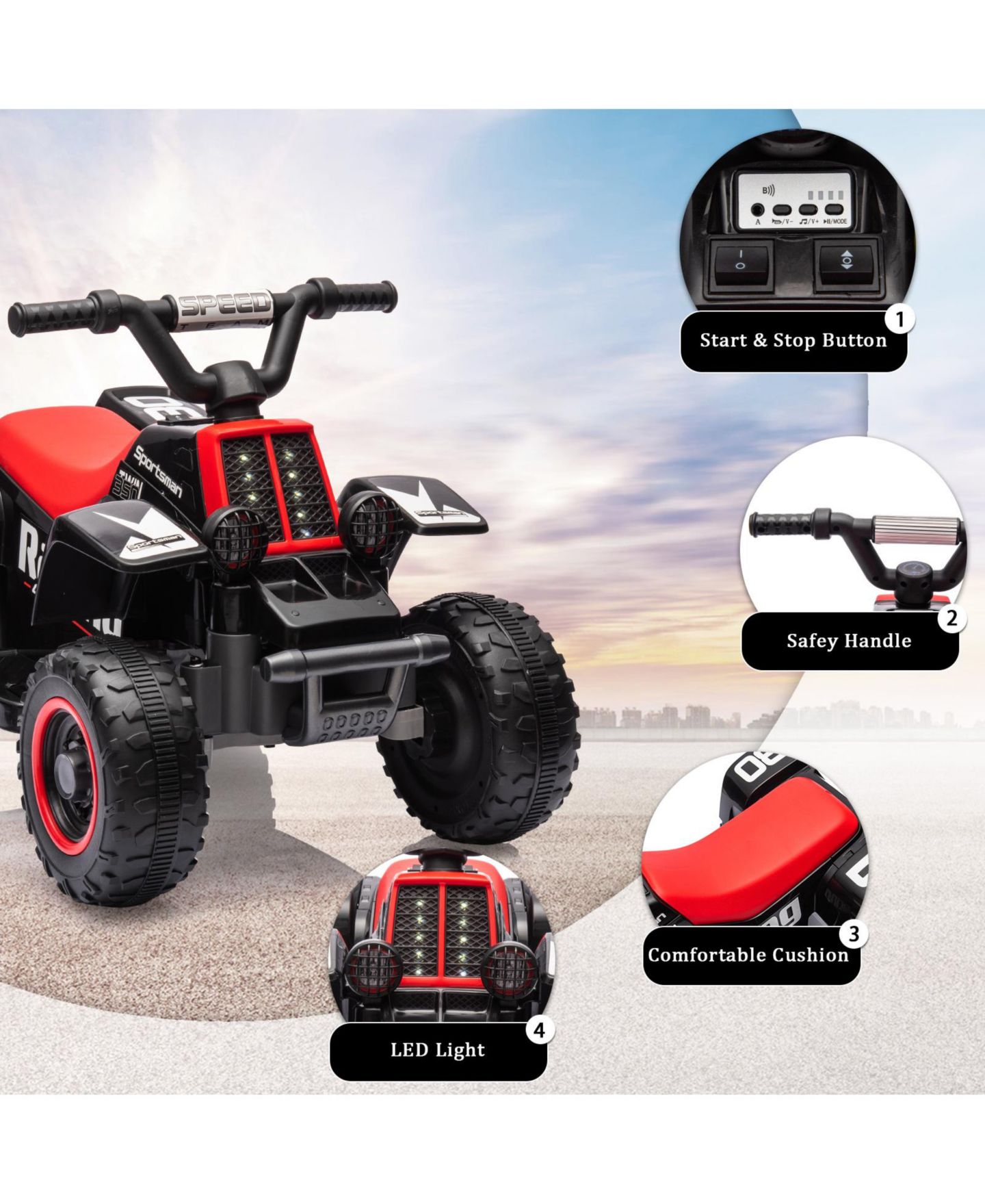 Детская игрушка homfan 6V Kids Electric Ride-On ATV Quad with LED Headlights, Ages 3+ — фото 3