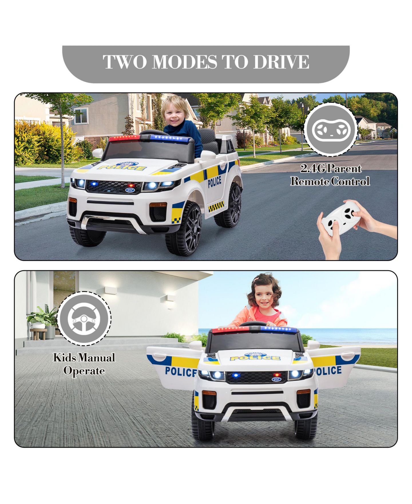 Детская игрушка homfan 12V Electric Ride-On Police Car with Remote Control & LED Flashing Lights, Ages 3+ — фото 3