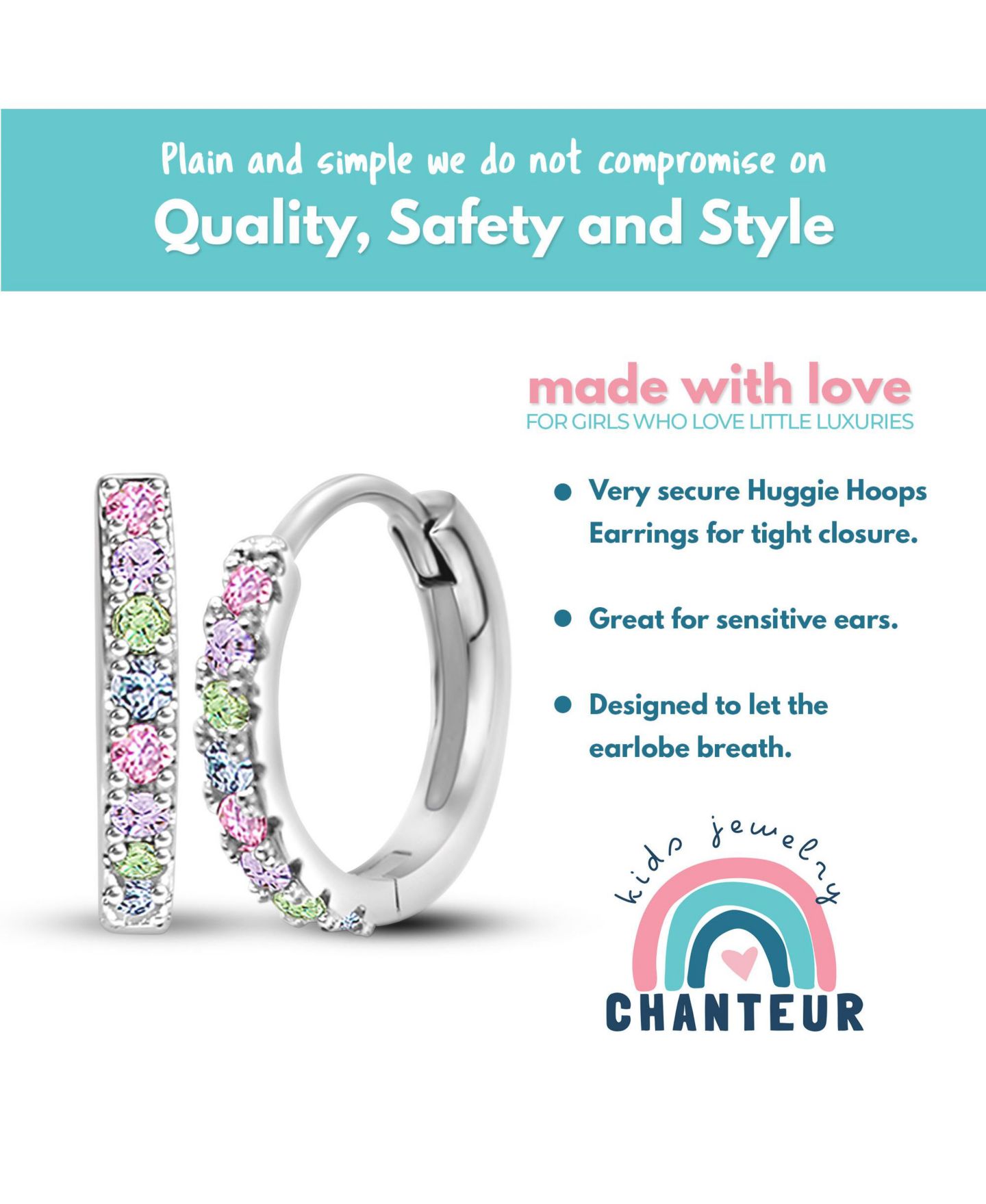 Детские серьги Chanteur /Girl/Round Multi-color CZ White Gold Palladium Plating Huggie, цвет: Серебряный — фото 4