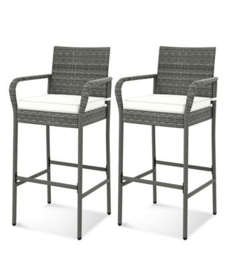 Patio Wicker Barstools with Armrests and Soft Cushions for Porch Backyard Set of 2