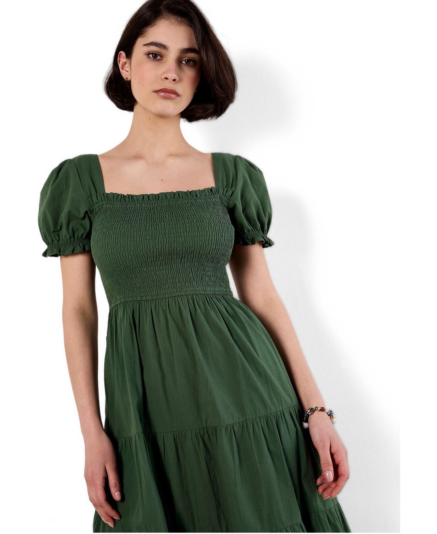 Женское платье Apricot Smocked Cotton Tiered Midi, цвет: Зелёный — фото 3
