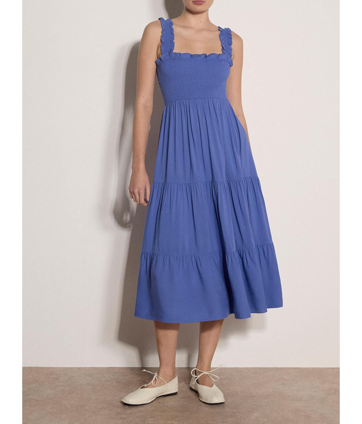 Women's Slub Smock Tiered Midi Square Neck Dress