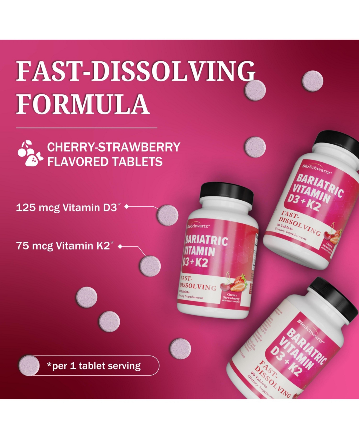 BioSchwartz Bariatric D3 Plus K2 Dissolvable Tablets, Support Post Bariatric Wellness Routine, Cherry Strawberry Flavor, 90 Tablets