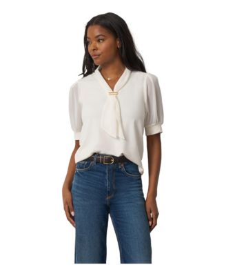 Women's Tie-Neck Short-Sleeve Puff Blouse