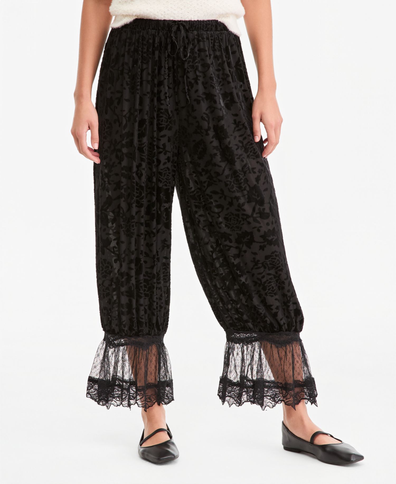 Women's Velvet Burnout Wide-Leg Lace-Trim Pants